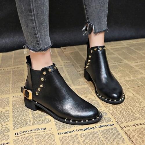 Thick heels Chelsea booties metal ball rivets punk knight boots buckle stretch fabric slip-on patchwork riding botas women shoes
