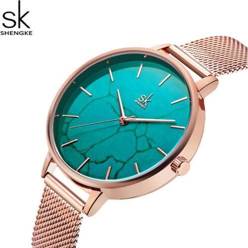 Shengke New Arrival Women Dress Watch Turquoise Marble Dial Luxury Brand Rose gold Mesh Strap Female Clock Relogio Feminino