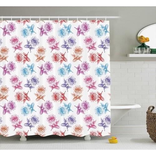Floral Shower Curtain Rose Petals Romantic Blossoming Nature in Digital Style Pattern Artistic Display Home Decor Bath Curtains