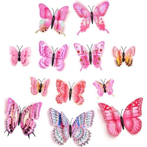 Pink 3D Double Layer Butterfly Wall Stickers for Home Decoration Decorative Art Sticker Wall Decal Butterflies for Fridge Magnet