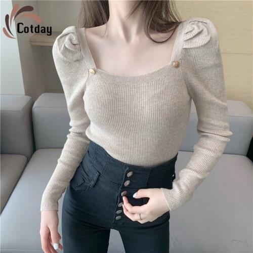 Cotday Autumn Square Collar Slim Long Sleeve T-Shirt Design Women Top Feeling Foreign Style With For Women Pullovers Sweater