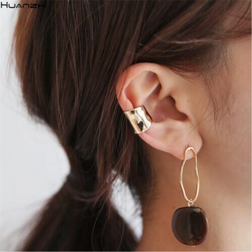 HUANZHI 2020 New Golden Metal Geometric C-shaped Matte Wide Copper Round Ear Bone Clip For Women Girls Personality Jewellery