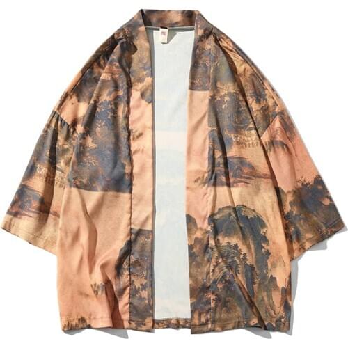 Chinese Style Kimono Cardigan Men Ink Printed Loose Kimono Cardigan Men