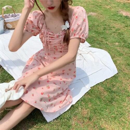 Summer Sweet Strawberry Dress Women Elegant Print Chiffon Kawaii Dress Female Loose Bandage Beach Pretty Party mini Dress 2021