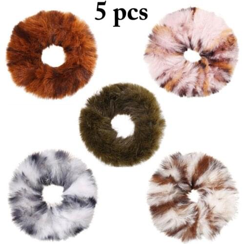 5Pcs/Set Fashion Fake Fur Decor Hair Ropes Hair Scrunchies Pompom Elastic Ponytail Holders Hair Accessories For Women Girls