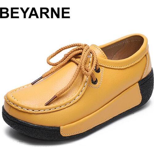 BEYARNEWomens flat platform moccasins comfortable genuine leather loafers womens shoes autumn slip on womens casual shoesE038