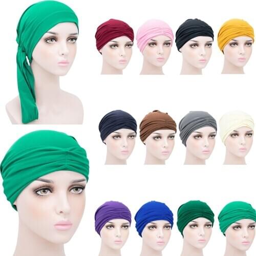 Muslim Jersey Hijab Turban Cap Pleated Soild Color Turbante Hat Islamic Headwear India Bonnet for Women Inner Hijab Caps Fashion