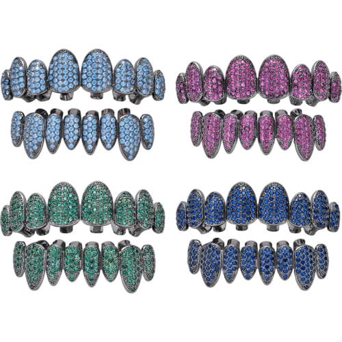 Hip Hop Color Iced Out Grillz teeth Crystal Jewelry Top Bottom Grills 8Teeth Body Jewelry Bling AAA Cubic Zircon Men