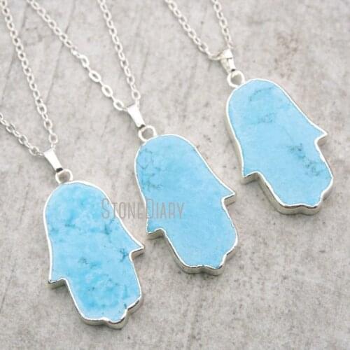 10Pcs Silver Electroplated Hand Hamsa Chains Necklaces Blue Turquoises Chains Necklaces 18-32inch NM14921