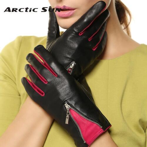 Women Genuine Leather Gloves 2020 Top Fashion Contrast Color With Zipper Wrist Thermal Goatskin For Winter Driving L141NQ
