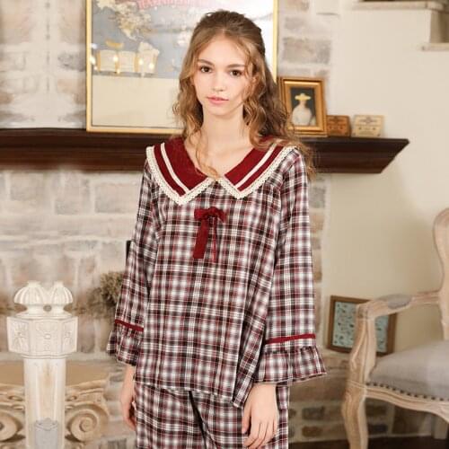Pajama Girl Autumn Winter New Pure Cotton Check Yarn-Dyed Cloth Ladies Pajama Girl Check Japanese Style Palace Style Sleepwear