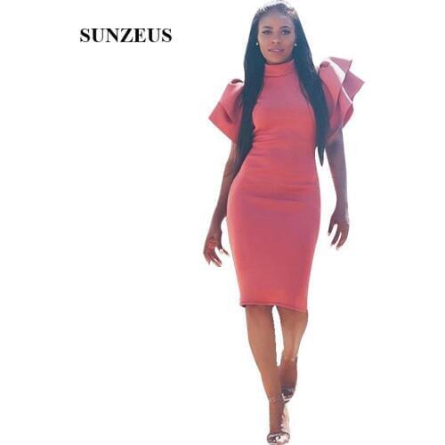 Sheath High Neck Knee Length Prom Dress With Puffy Short Sleeves Black Girls Party Dresses Elegant African Formal Gowns