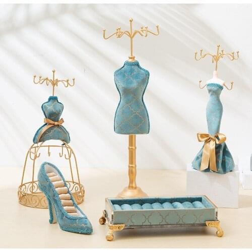 Retro Nordic Jewelry Display Stand Peacock Blue Bronzing Rotating Rack Earring Holder Necklace Ring Pendant Bracelet Organizer