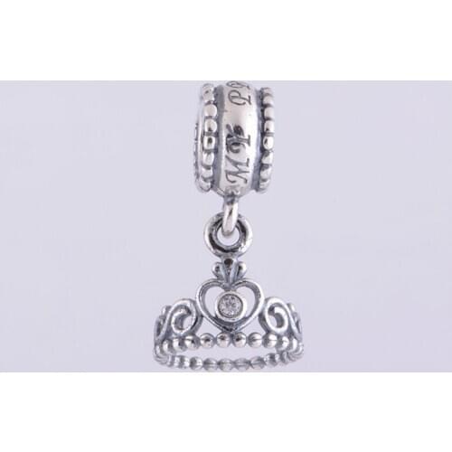 Clear CZ My Princess Heart Crown Pendant Silver 925 Jewelry Floating Charms for Charms Bracelets & Bangles DIY Jewelry Making