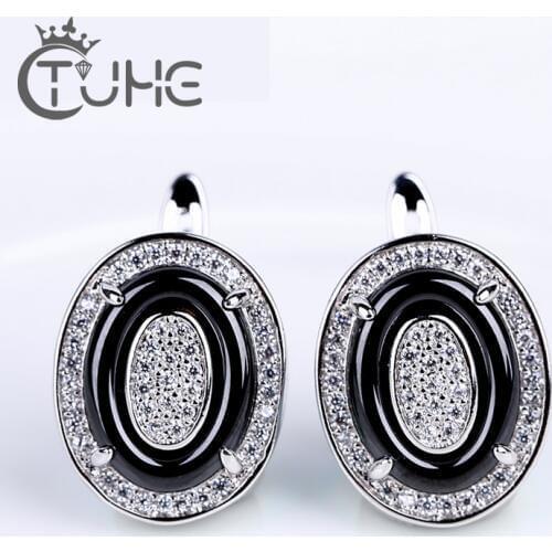 Luxury Silver Color White Stone Oval Earrings For Women Shinning CZ Ceramic U Shape Stud Earrings Jewelry Statement Jewelry Gift
