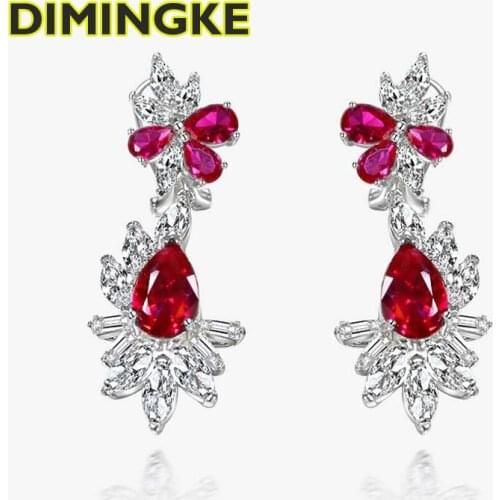 DIMINGKE 8*12MM Water Drop Ruby Sapphire Long Earrings 100%-S925 Sterling Silver Fashion Female Jewelry Party Birthday Gift