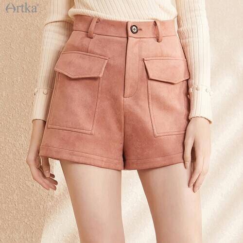 ARTKA 2020 Autumn Winter New Women Woolen Shorts Fashion High Waist A-Line Casual Shorts Soft Suede Shorts With Pocket KA25003D