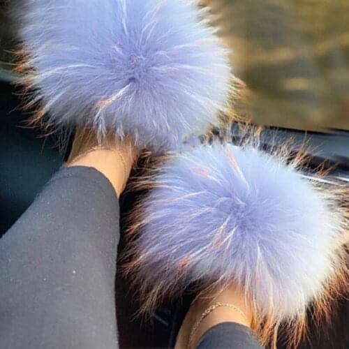 Summer Ladies Fur Slides Real Fox Fur Slippers Fashion Raccoon Fur Flip Flops Cute Fluffy Sandals Plush Women Home Furry Shoes