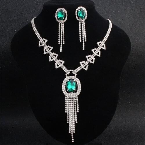 Vintage Female Green Crystal Jewelry Set Charm Silver Color Wedding Drop Earrings For Women Bridal Geometry Long Chain Necklace