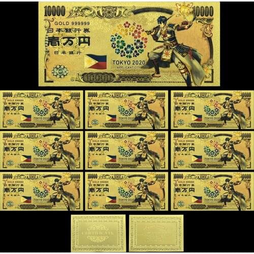 Japan Gold Banknote Tokyo World Flags Comics Cartoon Card 10pcs Philippines Souvenir Anime Gold Plastic Cards for Collection