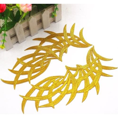 YACKALASI 5 Pairs/Lot 3D Flower Applique Mirror Pairs Gold Embroidered Trims Iron on Padded leaves floral patches 22cm*9cm