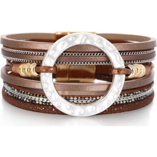 Amorcome 2021 New Magnetic Clasp PU Leather Cuff Women Bracelets Fashion Metal Circle Wrap Bracelet Unisex Bohemian Jewelry