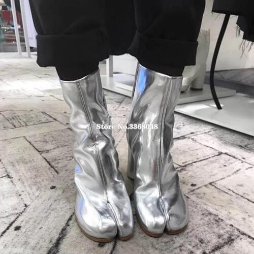 2019 Fashion Split-toe Leather Ankle Boots Women Round High Heels Sliver Ninja Boots Genuine Leather Female Charming Shoes