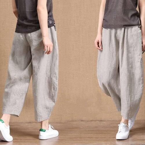 Women Casual Harem Pants Solid Color Cotton Linen Wide Leg Trousers Summer Elastic Waist Plus Size Loose Comfortable Trousers