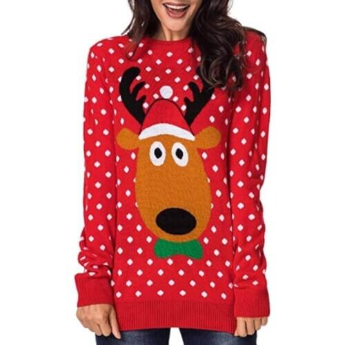 2019 Vintage O Neck Contrast Color Deer Sweater Red Retro Woman Long Sleeve Knitted Pullover Knitwear Christmas Red