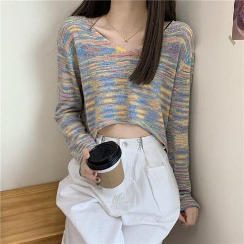 Cropped Tops Women Korean Style V-neck Knitted Colorful Streetwear Slim Lady Harajuku Lovely Teens Knitwear Sweaters Pullovers
