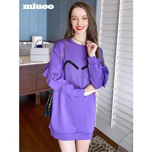 Round neck ironed diamond bow stitching Ruffle loose sweater dress womens wear 2021 Spring new High Quality Top Quality
