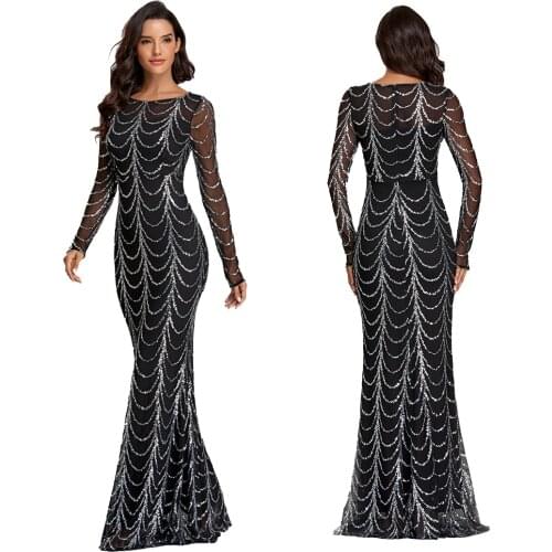 2020 Autumn Winter O-Neck Wave Sequins See Though Women Maxi Dresses Elegant Long Sleeve Female Party Dresses Black Silver Pink