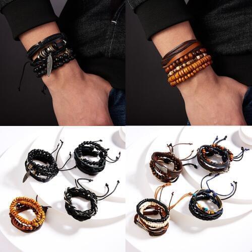 3,4Pcs/Set Men Woven Leather Bracelet Sets Black Loaded Men Charming Wings Wooden Beads Adjustable Bohemia Bracelet Set Jewelry
