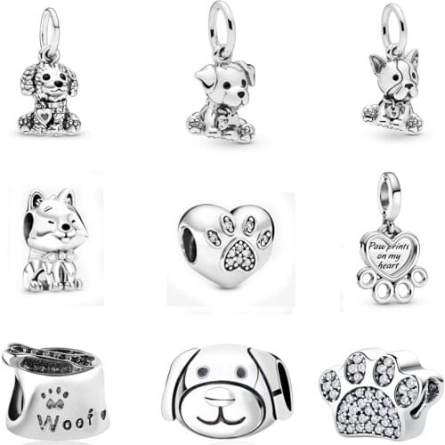 Free Shipping 925 Sterling Silver Devoted Dog Hearts & Paw Print Dangle Charms Fit Original Pandora Bracelets For Women Jewelry