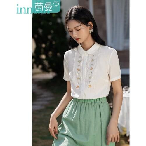 INMAN Formal Date White Blouse Sweet Cute Women Lady Art Flower Embroidery Collared Shirt Summer Short Sleeve Elegant Girl Tops
