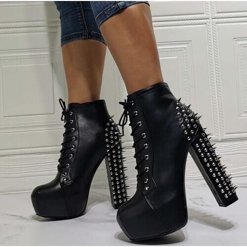 Big Size 36-43 Ladies Thick High Heels Ankle Boots Fashion Rivet Platform shoelace Women Boots Party Sexy Shoes Woman