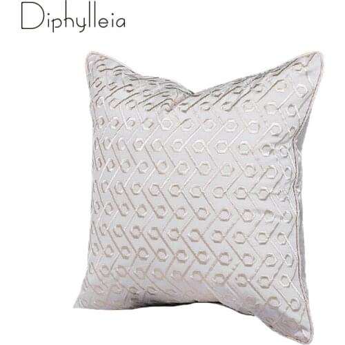 Diphylleia Decorative Pillow Case Pure White Silk Satin Pillowcase Geometric Pattern Embroiderd Square Cushion Cover Modern Deco