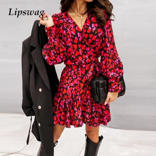 Fashion Heart Print Mini Dress Women Autumn Elegant Ruffle V Neck Party Dresses Spring Ladies Casual Long Sleeve Dress Vestidos