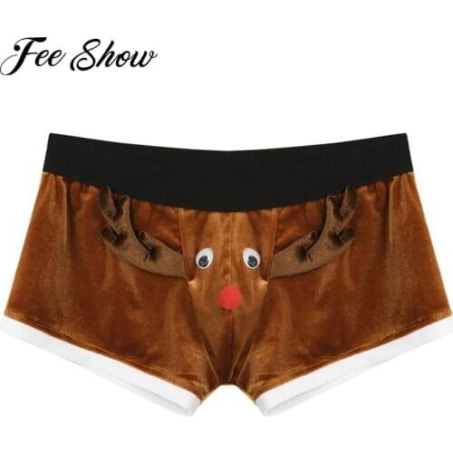 Mens Lingerie Christmas Elk Boxer Briefs Panties Underwear Bulge Pouch Elastic Waist Shorts Santa Claus Costumes Short Trousers