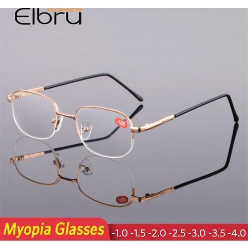 Elbru Square Metal Finished Myopia Glasses for Men Women Gold Half Frame Short-sighted Eyeglasses Diopter -1.0 1.5 2.0 2.5 3 3.5