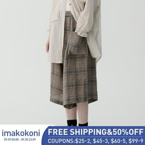 Imakokoni original linen plaid five-point pants loose wild pants summer women 2021 new 213326