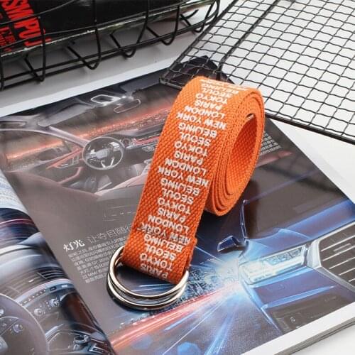 Casual Designer Unisex Harajuku Canvas Belt Silver Metal Double Ring Buckle Wide Waist Band Letter Decoration Jeans Belts 2021