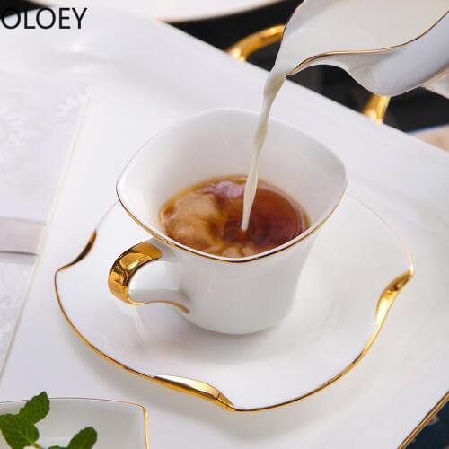 Luxury White Coffee Mug Bone China Porcelain Coffee Mugs Gold Handle Creative British Afternoon Tea Cup Ceramic Flower Tea Cups