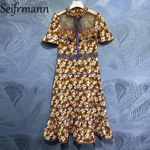 Seifrmann New 2021 Summer Women Fashion Designer Party Midi Dress Short Sleeve Bow Ruffles Lace Floral Printed Ladies Dresses
