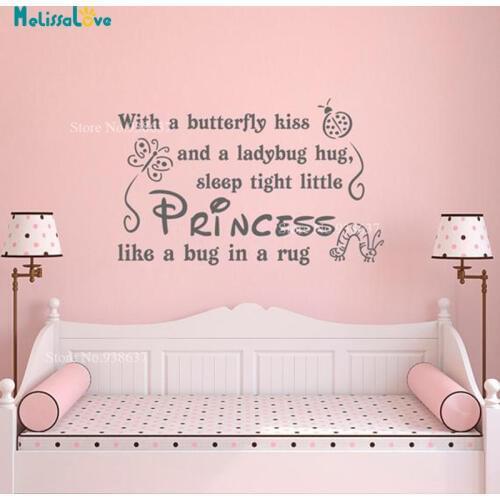 With A Butterfly Kiss Princess Girl Room Decal Baby Room Nursery Decor Animal Pattern Cute Quote Vinyl Wall Sticker B946