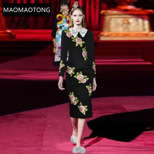 Womens ClothingFashion Designer Dress Spring Autumn Women Dress Rose Embroidery Hot drilling Black Vintage Slim Elegant Dresses