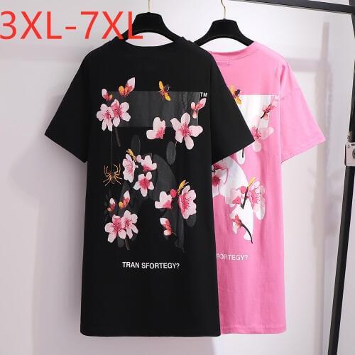 New 2021 summer plus size tops for women large loose short sleeve black pink cotton floral print long T-shirt 4XL 5XL 6XL 7XL