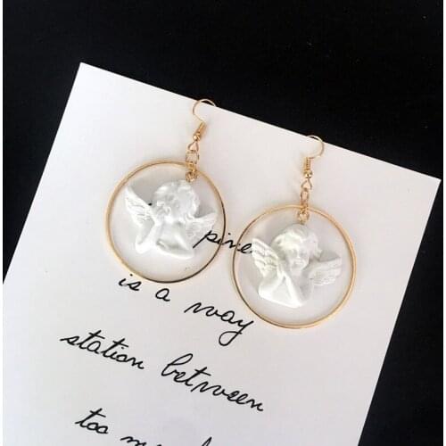 Creative Handmade Angel Wings Cupid Dangle Drop Earrings Cute Love god Circle Asymmetric Earrings for Woman Girl Fashion Jewelry