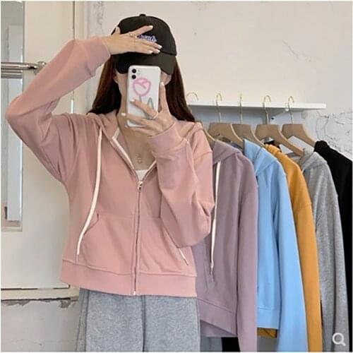 2021 spring and autumn new solid color loose cardigan short coat thin coat hooded sweater women