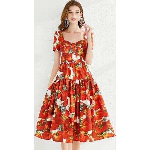 Menahem Runway Bohemian Tomato Flower Red Boho Beach Dress Womens Summer Square Collar Backless Lace Up Floral Print Vestidos